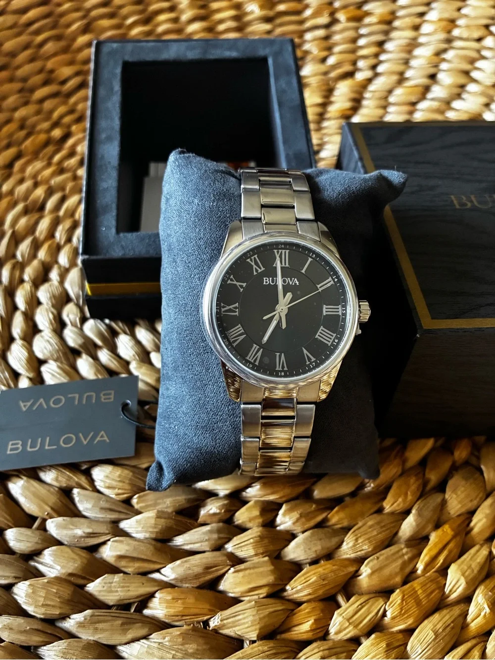 Bulova Silver Men's Watch with Black Dial and Roman Numerals